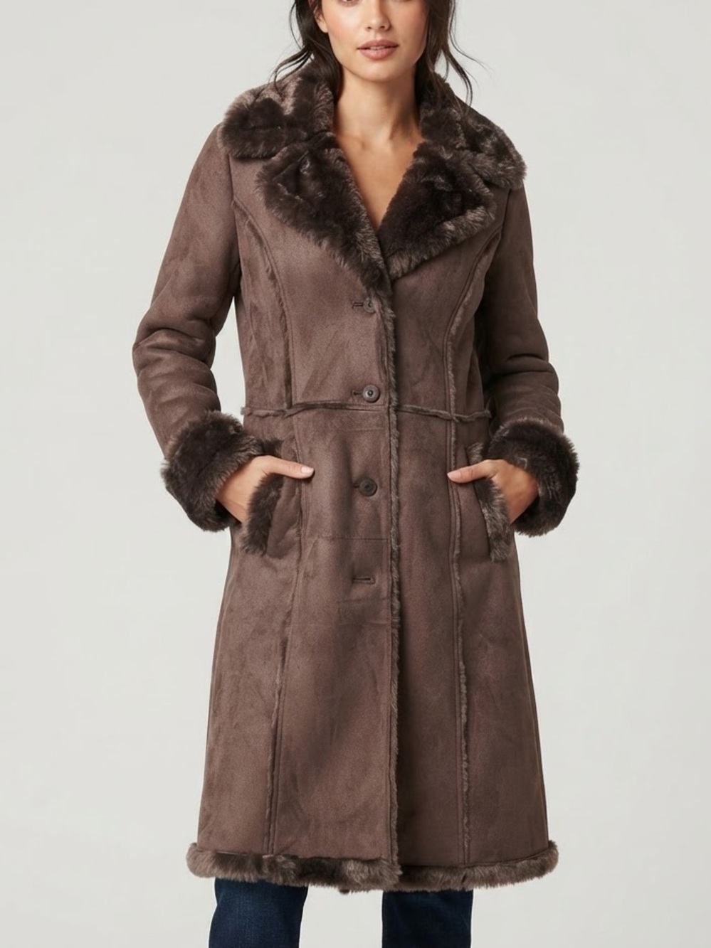 Steve Madden Brown Genuine Leather Suede Long Shearling Fur Trim Coat Jacket XL